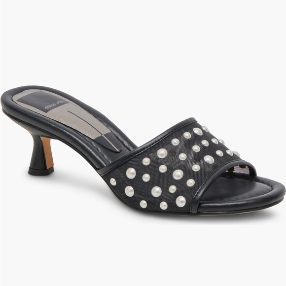 New Dolce Vita Meeza Pearl Sandals Onyx Black Mesh Women’s 8 Kitten Slide Heels - Picture 1 of 10